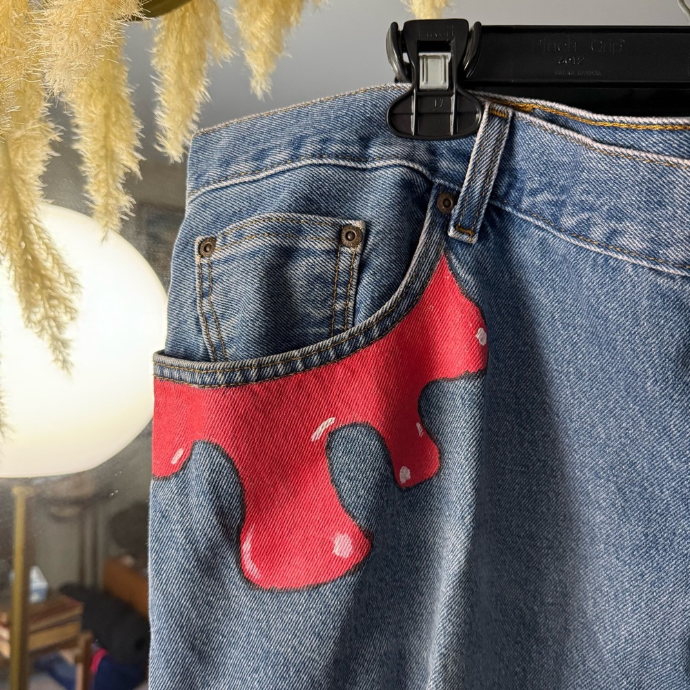 Red Paint Drip and Embroidered Straight Relaxed Fit Jeans - Picture 4 of 10